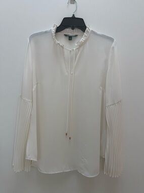 Ralph Lauren Cream Ruffle-Neck Tie Blouse with Pleated Sleeves